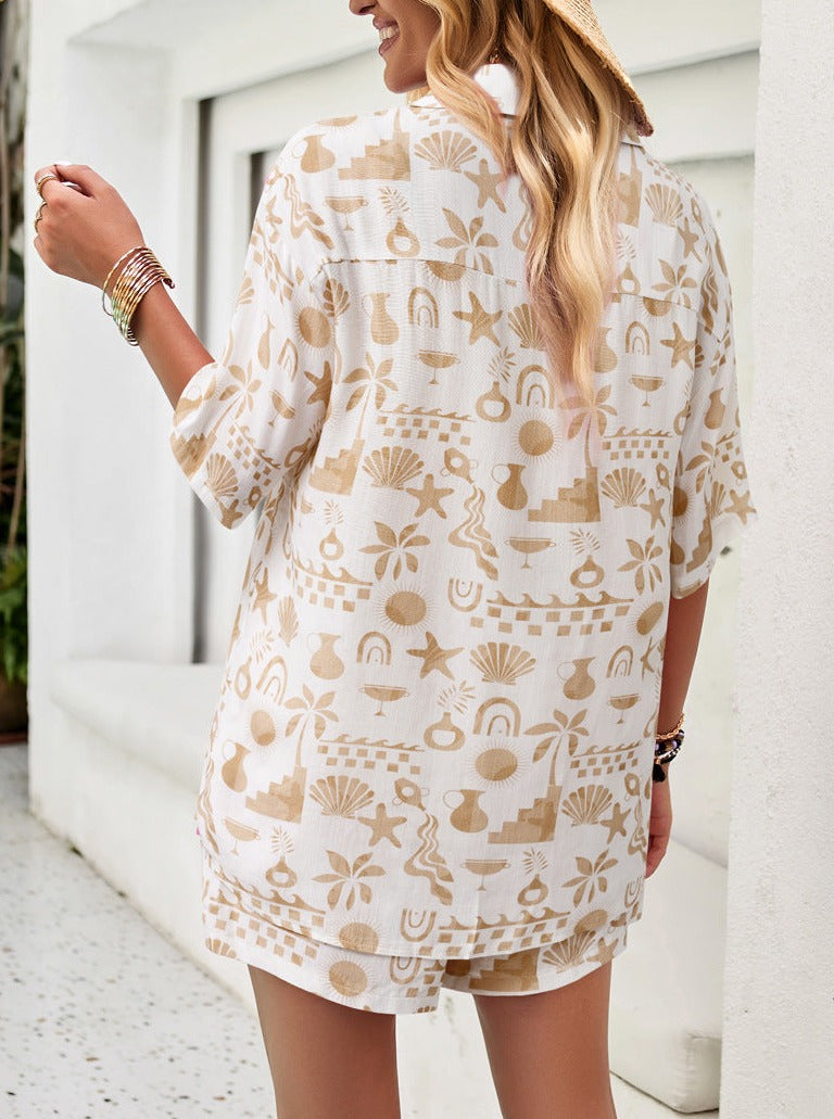 Adrienna - Set aus Hemd und Shorts mit Button-Down-Kragen und Aufdruck