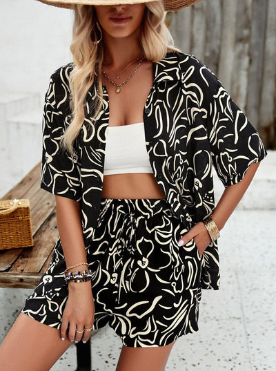 Adrienna - Set aus Hemd und Shorts mit Button-Down-Kragen und Aufdruck