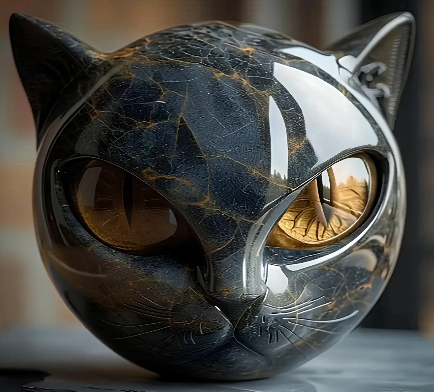 Elinas Auge – Mystische Katzenskulptur aus poliertem Marmor