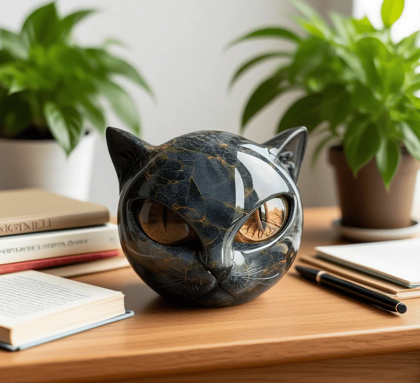Elinas Auge – Mystische Katzenskulptur aus poliertem Marmor