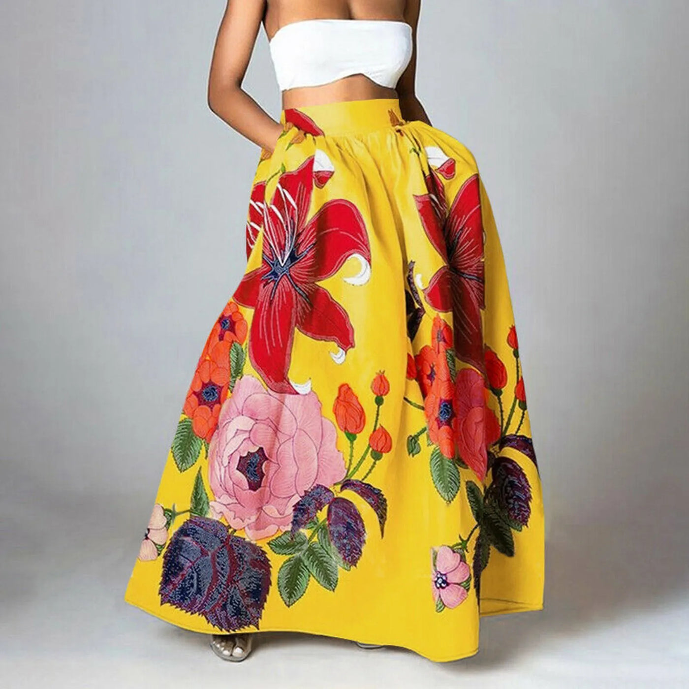 Damen Maxi-Rock mit Blumenprint, hochtailliert und stylisch