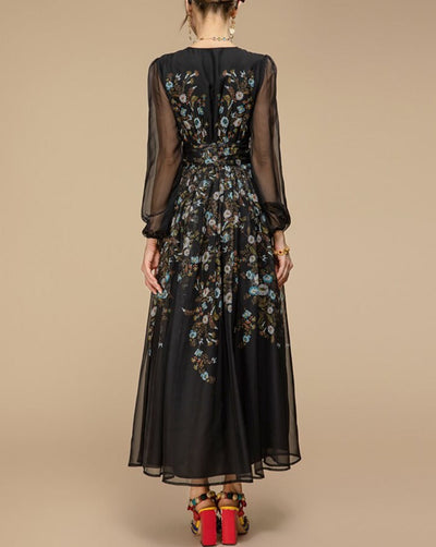 Sandrine - Schwarzes besticktes Maxikleid