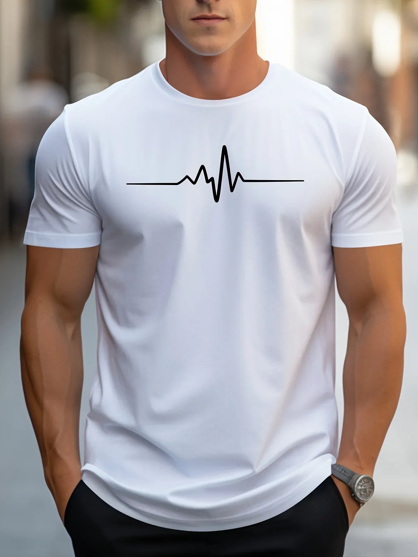 Herren Slim-Fit Kurzarm T-Shirt mit Herzschlag-Print