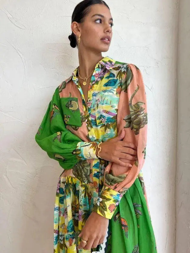 Matilda - Langes Vintage-Druckkleid mit Polokragen für Frauen