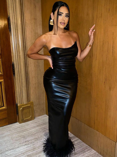 Marta - Schwarzes langes Kleid aus Pu-Leder für Frauen