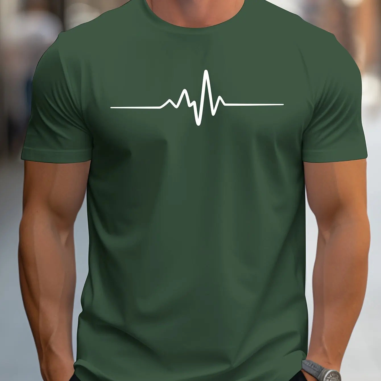Herren Slim-Fit Kurzarm T-Shirt mit Herzschlag-Print