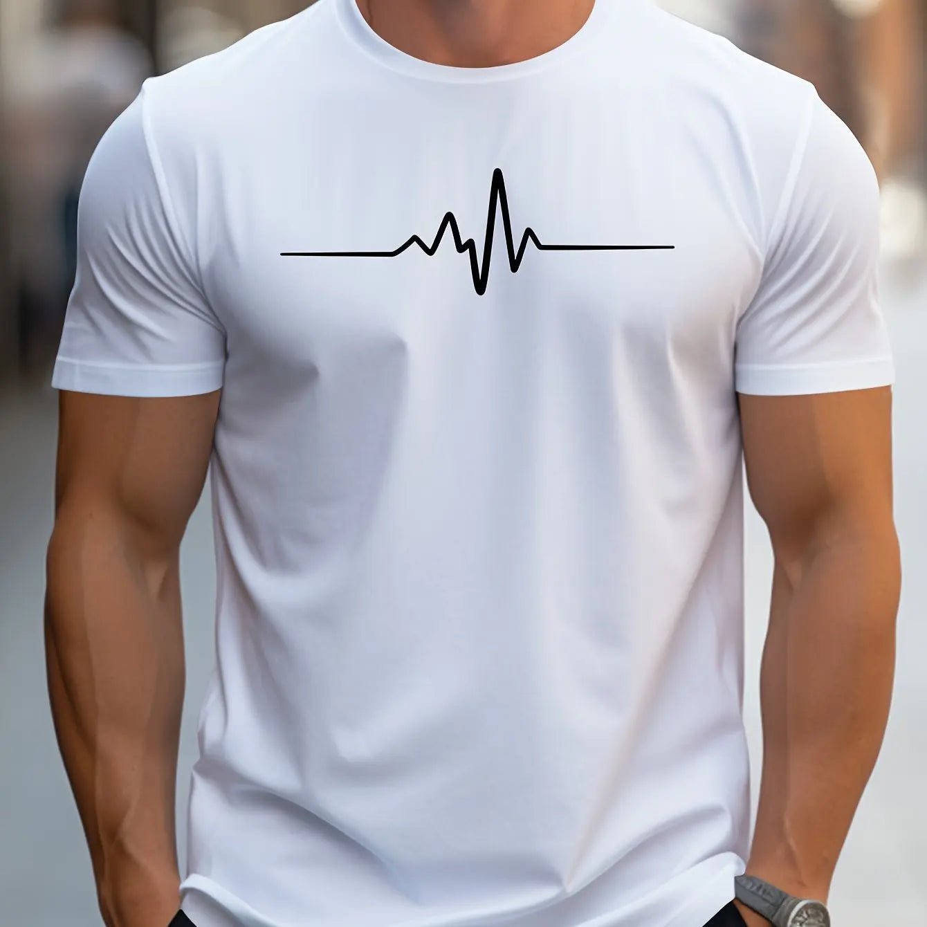 Herren Slim-Fit Kurzarm T-Shirt mit Herzschlag-Print