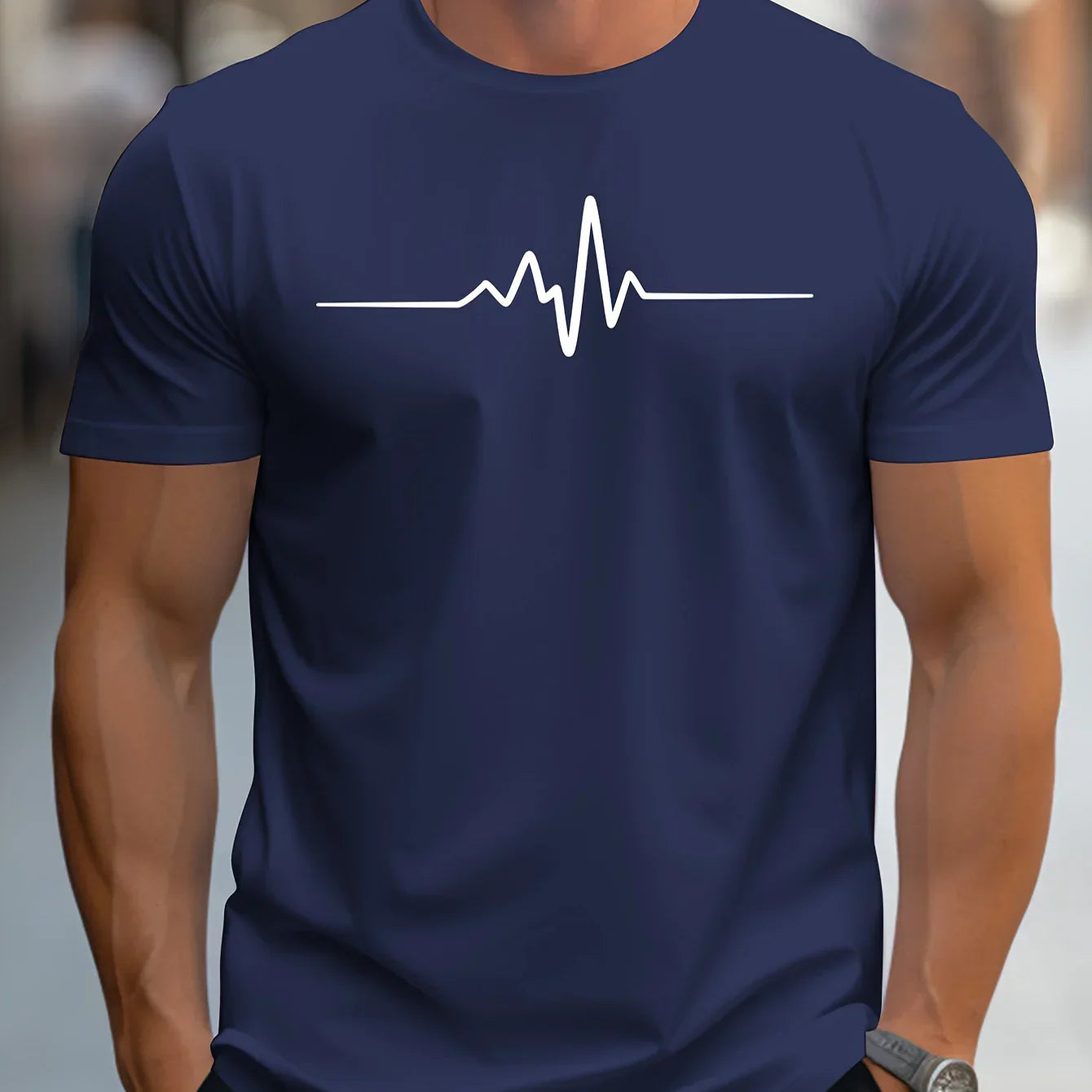 Herren Slim-Fit Kurzarm T-Shirt mit Herzschlag-Print