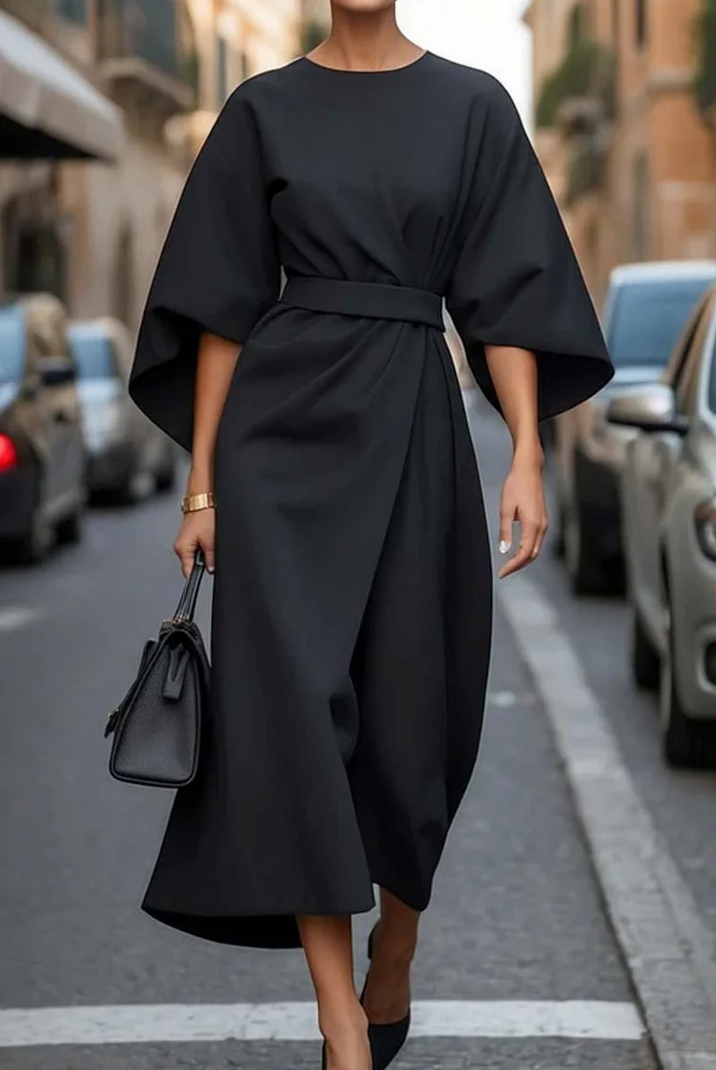 Sofia-Kleid – Zeitlose Eleganz mit Laternenärmeln und Gürtel