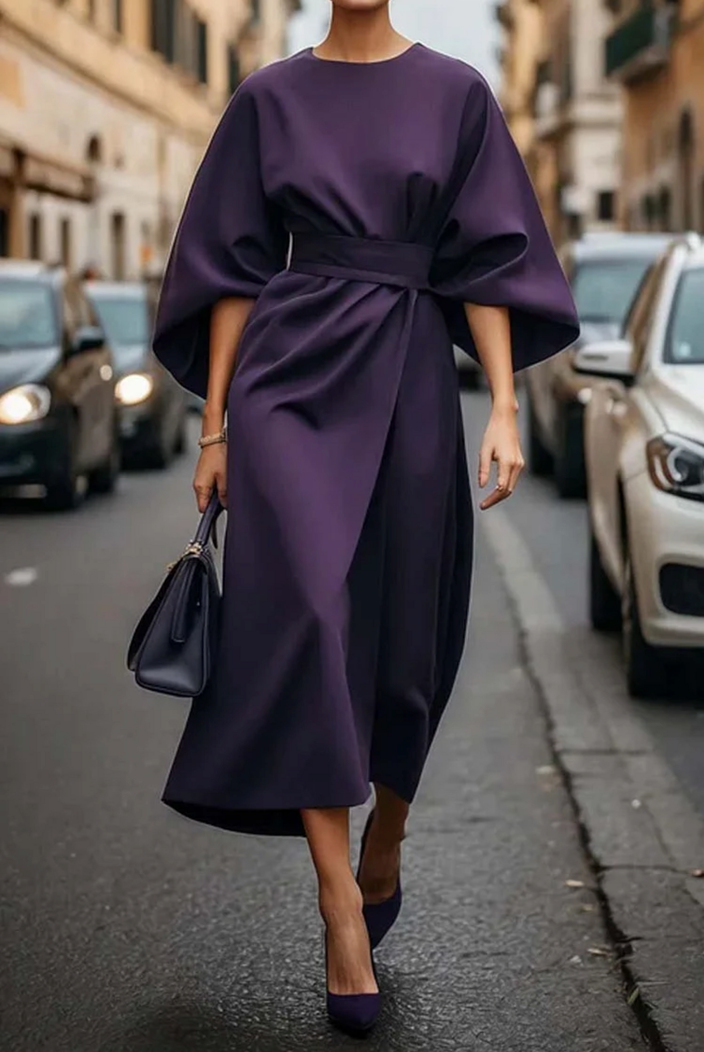 Sofia-Kleid – Zeitlose Eleganz mit Laternenärmeln und Gürtel