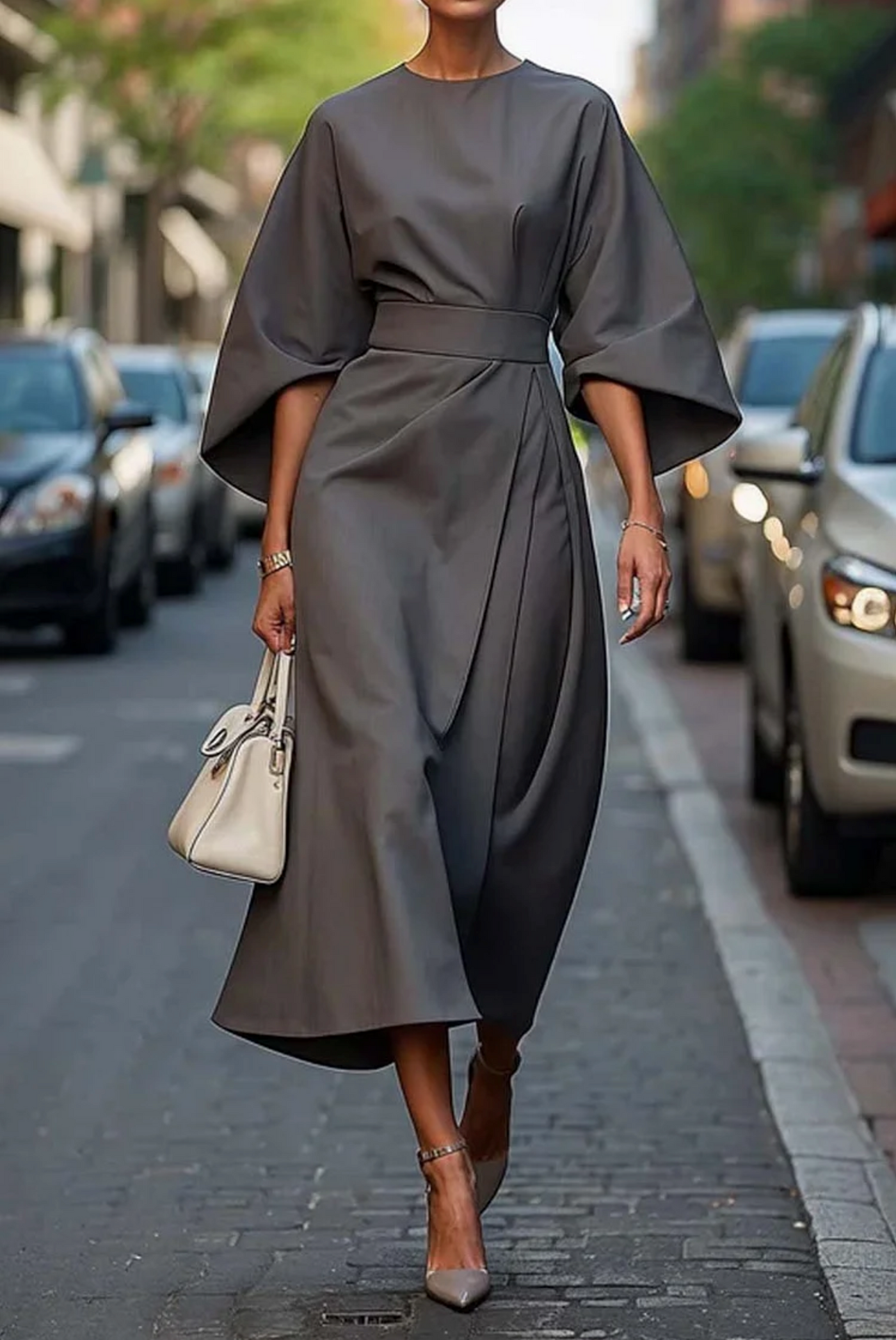 Sofia-Kleid – Zeitlose Eleganz mit Laternenärmeln und Gürtel