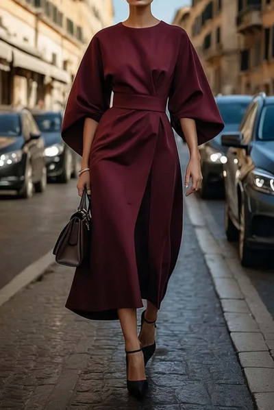 Sofia-Kleid – Zeitlose Eleganz mit Laternenärmeln und Gürtel