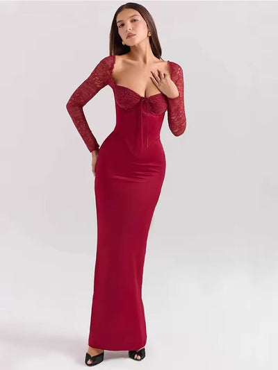 Florence - Langes Kleid mit langen Ärmeln in Weinrot und Spitze