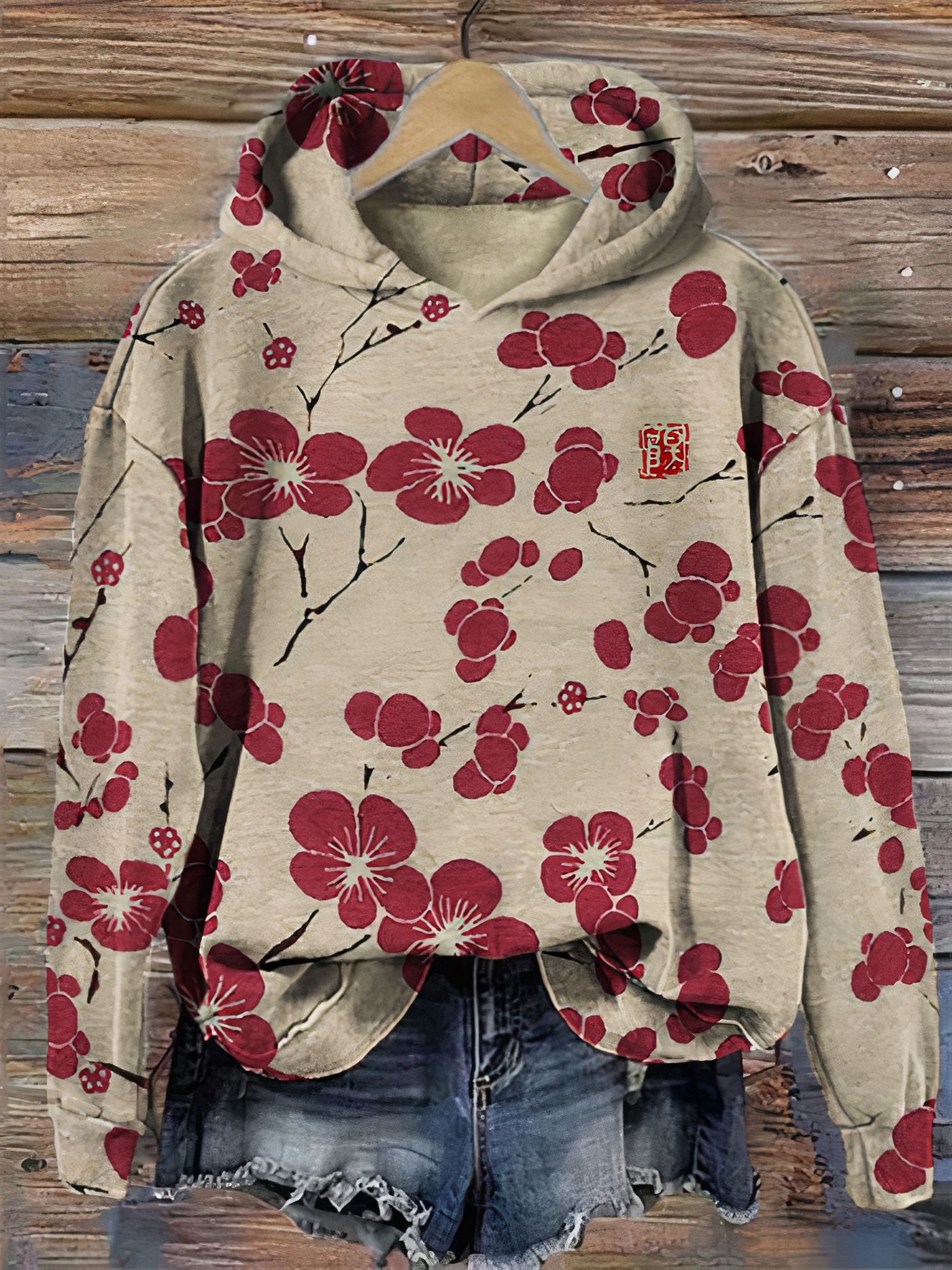 TESSA - Vintage-Kirschblüten-Kapuzenpullover mit Grafikdruck