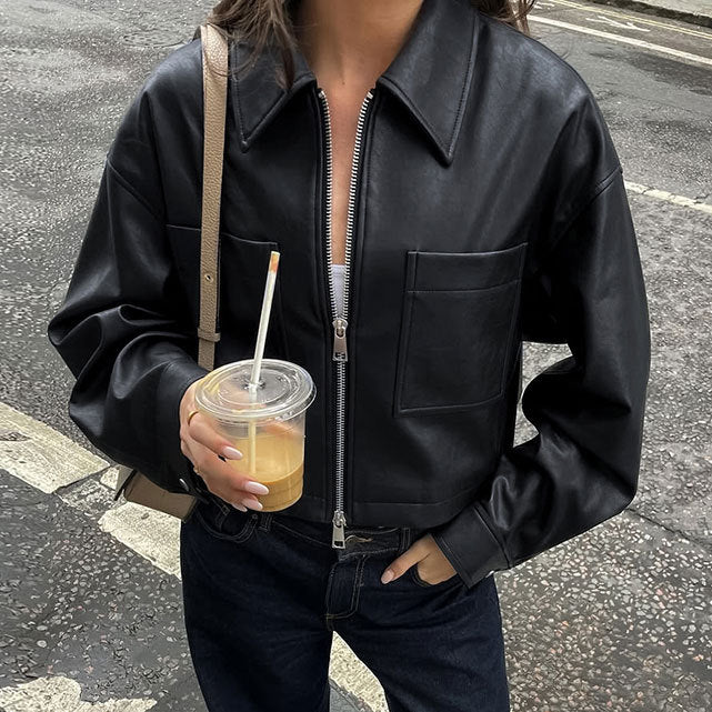 Kurze Damen-Bikerjacke mit Metallreißverschluss - Raizy