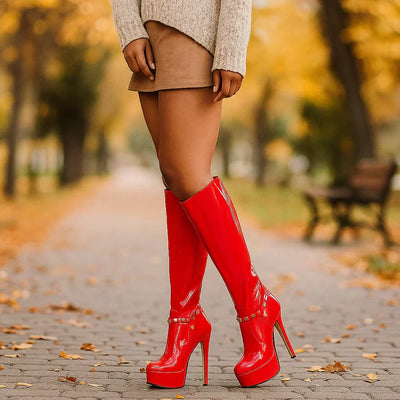 Hohe Damenstiefel aus Lackleder mit Plateau und Stilettoabsatz - Marcela