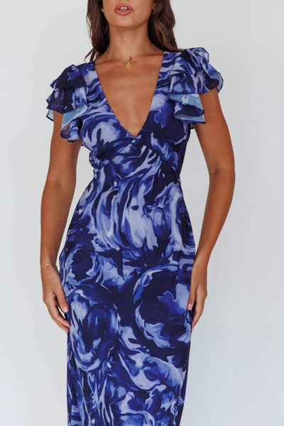 Cecil - Bedrucktes Maxikleid mit Rüschen und V-Ausschnitt