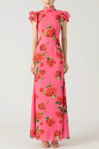 Elena - Langes Kleid mit ausgestellten Ärmeln und floralem Rosendruck