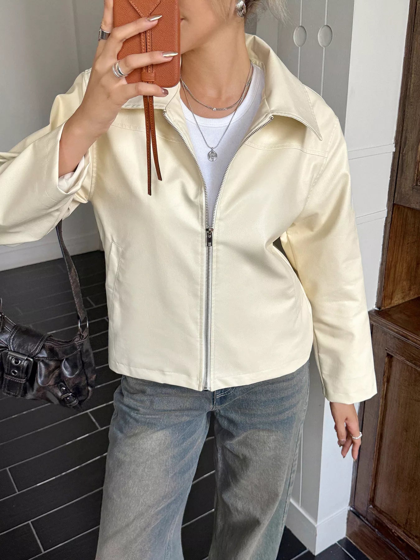 Damenjacke mit Ledereffekt und Frontreißverschluss - Kendra