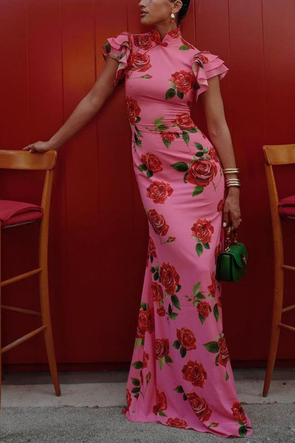 Elena - Langes Kleid mit ausgestellten Ärmeln und floralem Rosendruck