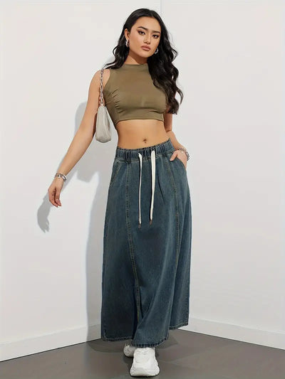 Langer Jeansrock mit verstellbarem Kordelzug, bequem und vielseitig - Fannie