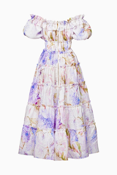 Ines - Heidefarbenes Bedrucktes Bestuftes Maxikleid mit Rüschen