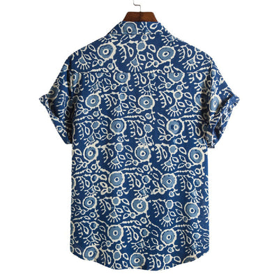 Stylisches Herren Kurzarm Hemd in Blau mit Vintage Druck aus Baumwolle