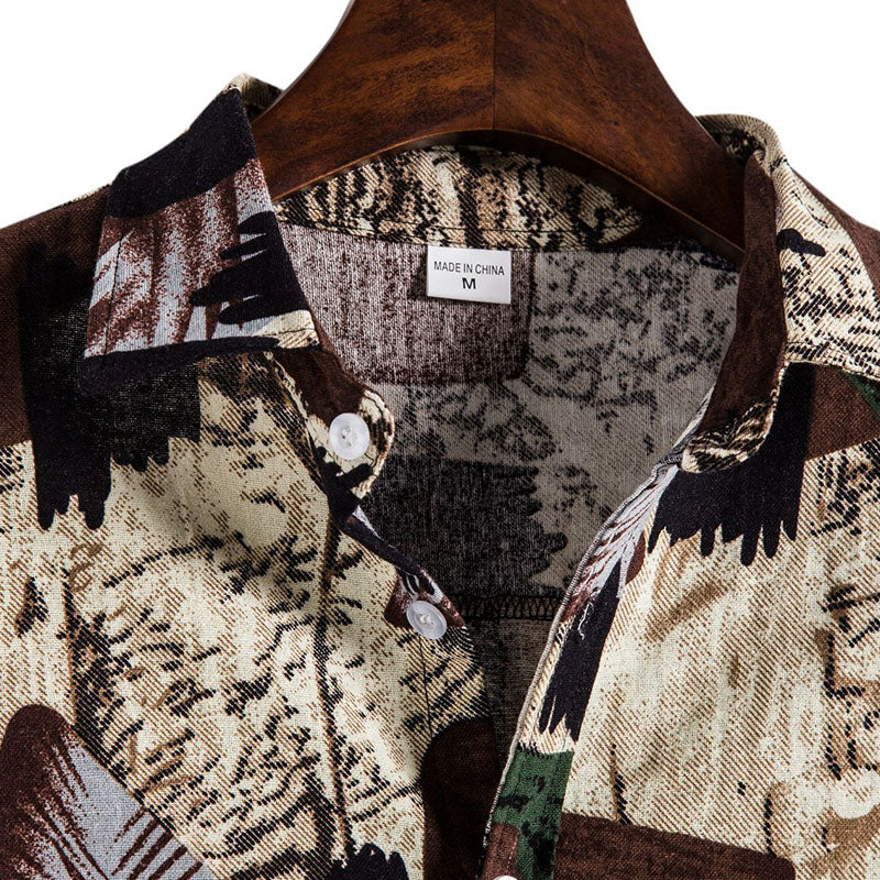 Bedrucktes Herren Vintage Kurzarm Hemd aus Baumwolle und Leinen