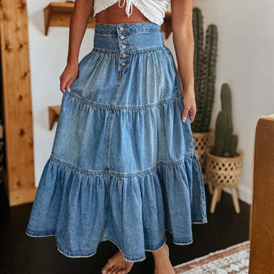 Damen Jeansrock in Midilänge mit hoher Taille und Volant - Nuri