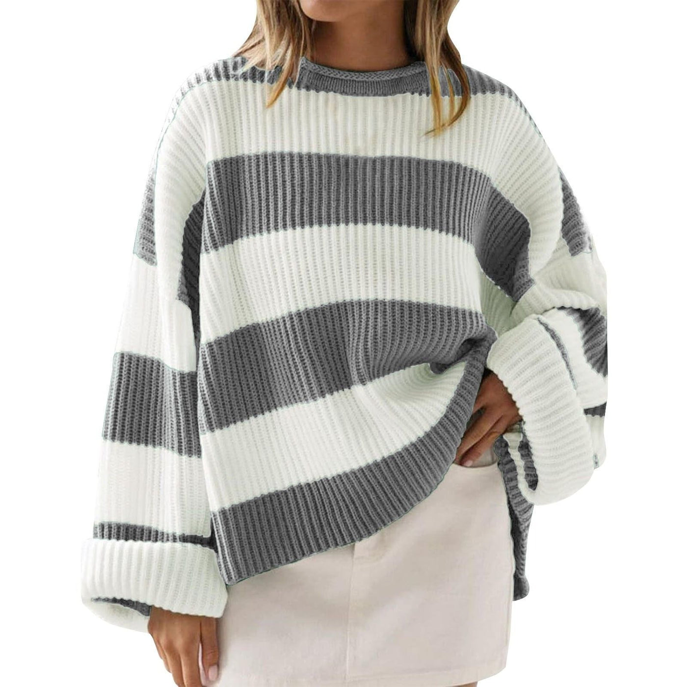 Breit gestreifter, gerippter Oversize-Pullover aus Strick - Eleanor