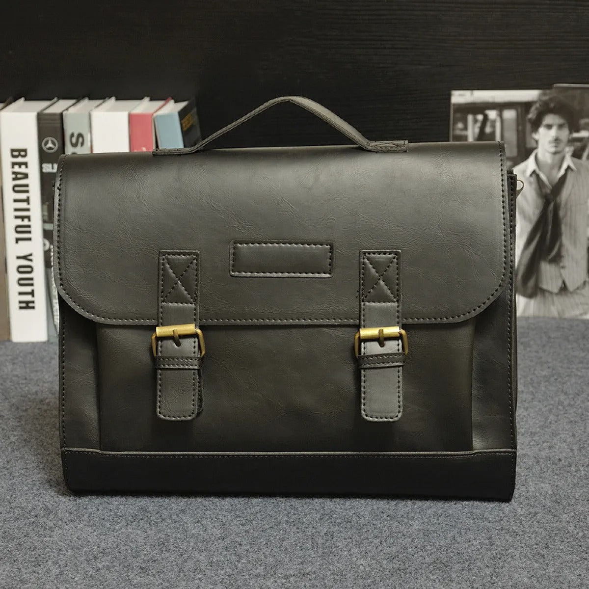 Aktentasche aus Kunstleder für Herren mit Schnallen im Vintage-Stil - Adrien