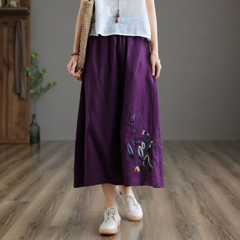 Damen Midirock mit Gummizug in der Taille und handgefertigter Blumenstickerei - Amandine