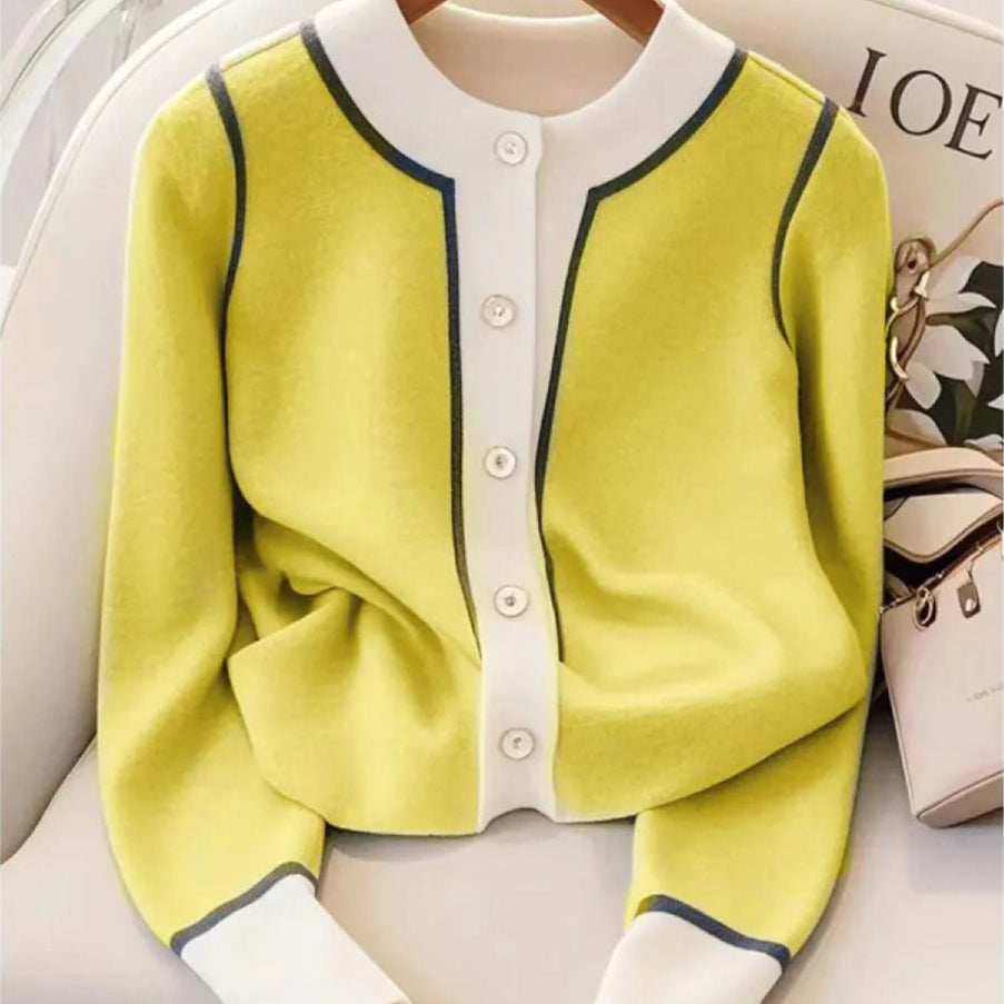 Damen Strickjacke elegant Rundhalsausschnitt fein gestrickt Strickjacke mit Kontrast - Elina