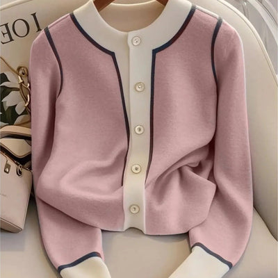 Damen Strickjacke elegant Rundhalsausschnitt fein gestrickt Strickjacke mit Kontrast - Elina