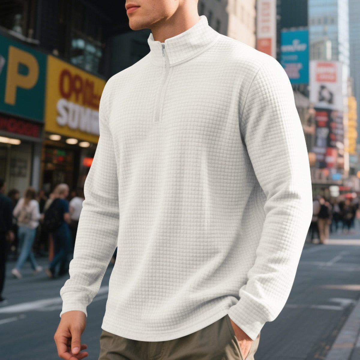 Herren Pullover mit halbem Reißverschluss und Waffelstruktur - Taren