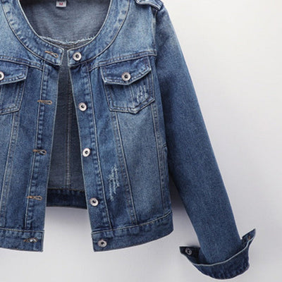 Damen-Jeansjacke, Rundhalsausschnitt, Fronttaschen - Hila