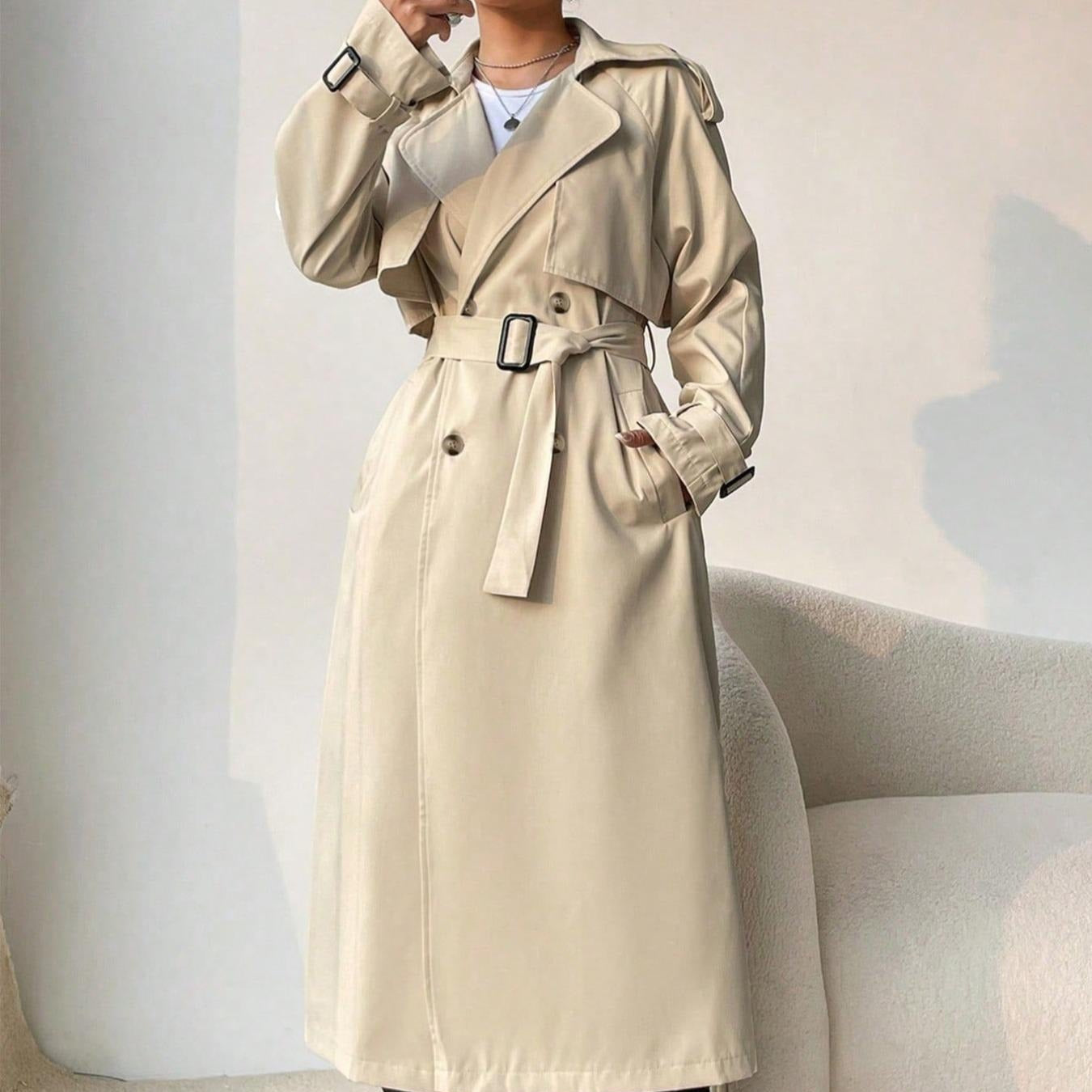 Langer Trenchcoat für Damen mit doppeltem Revers und verstellbarem Gürtel - Maelis