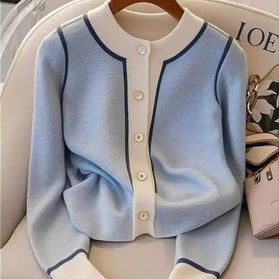 Damen Strickjacke elegant Rundhalsausschnitt fein gestrickt Strickjacke mit Kontrast - Elina