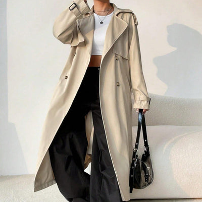 Langer Trenchcoat für Damen mit doppeltem Revers und verstellbarem Gürtel - Maelis