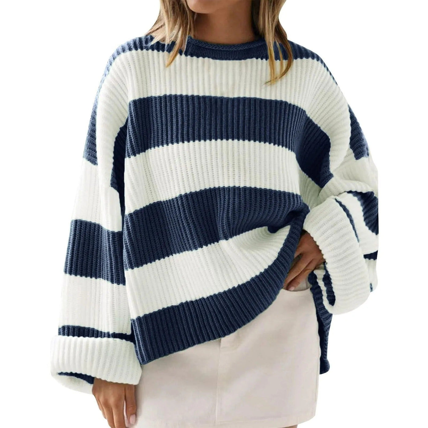 Breit gestreifter, gerippter Oversize-Pullover aus Strick - Eleanor