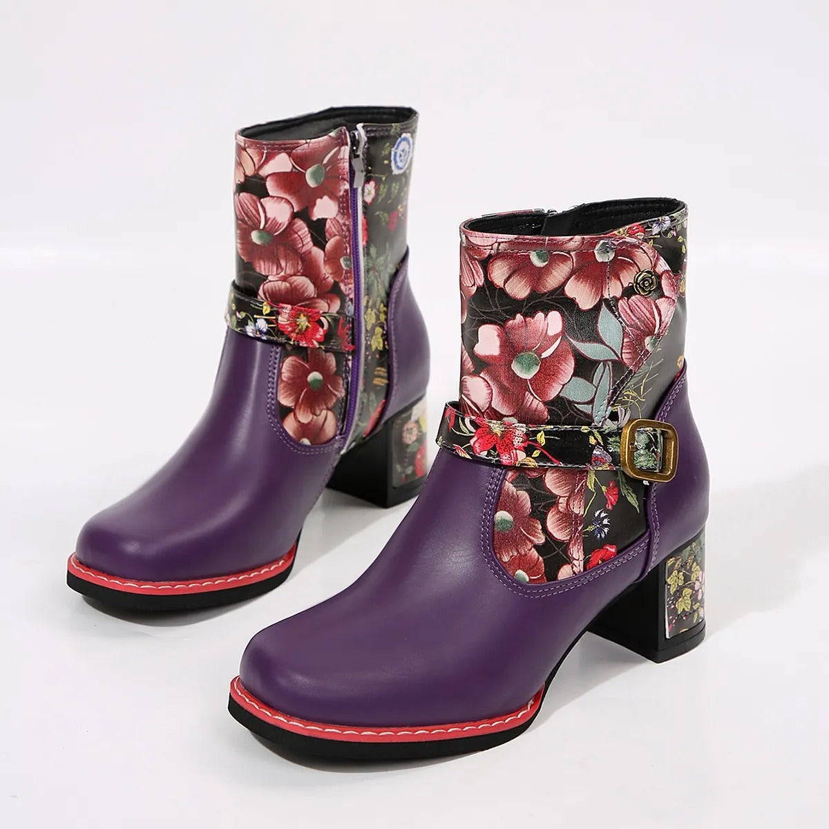 Damenstiefelette mit mittlerem Absatz und Blumenmuster - Olivia