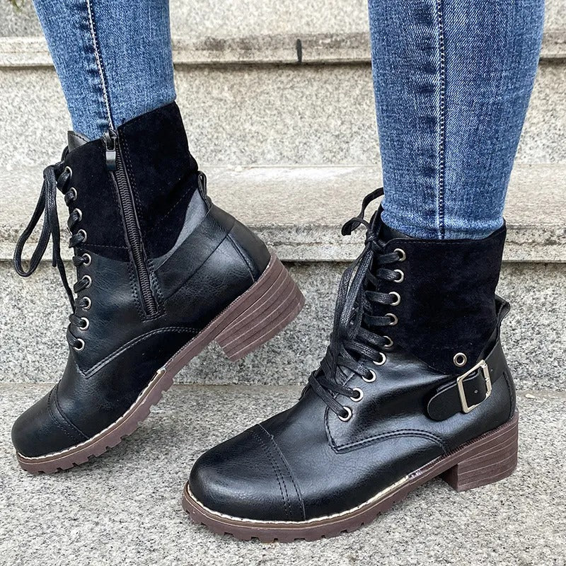 Damen-Schnürstiefel Kunstleder halbhoher, robuster Stil - Thalia