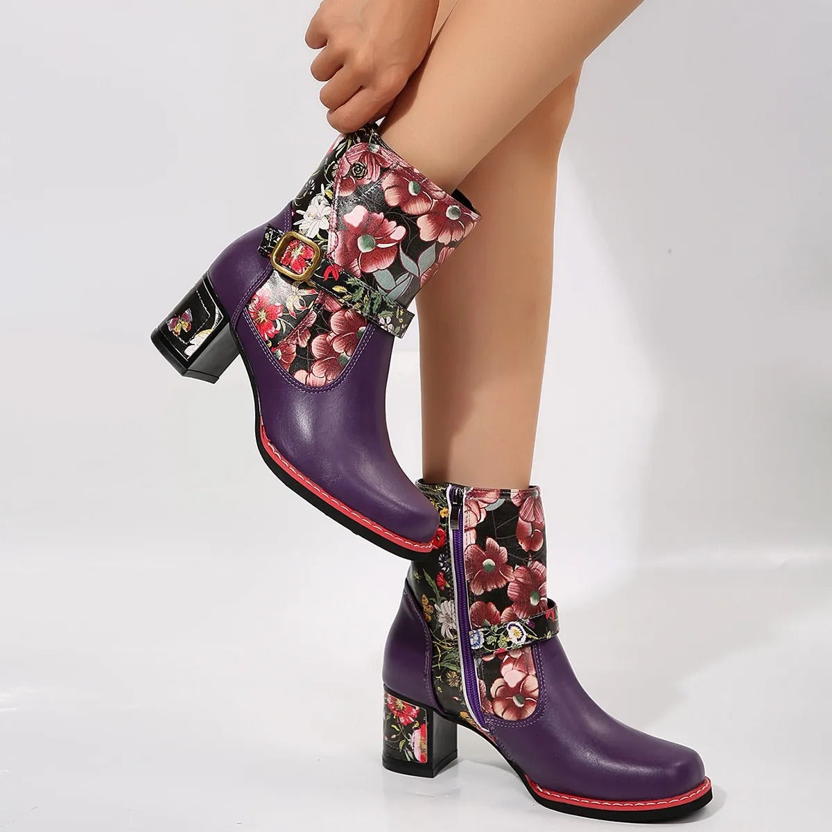 Damenstiefelette mit mittlerem Absatz und Blumenmuster - Olivia