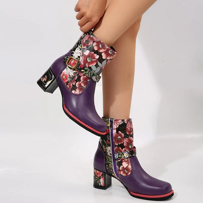 Damenstiefelette mit mittlerem Absatz und Blumenmuster - Olivia