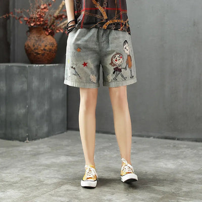 Denim-Shorts mit illustrierter Stickerei und elastischem Bund - Elaine