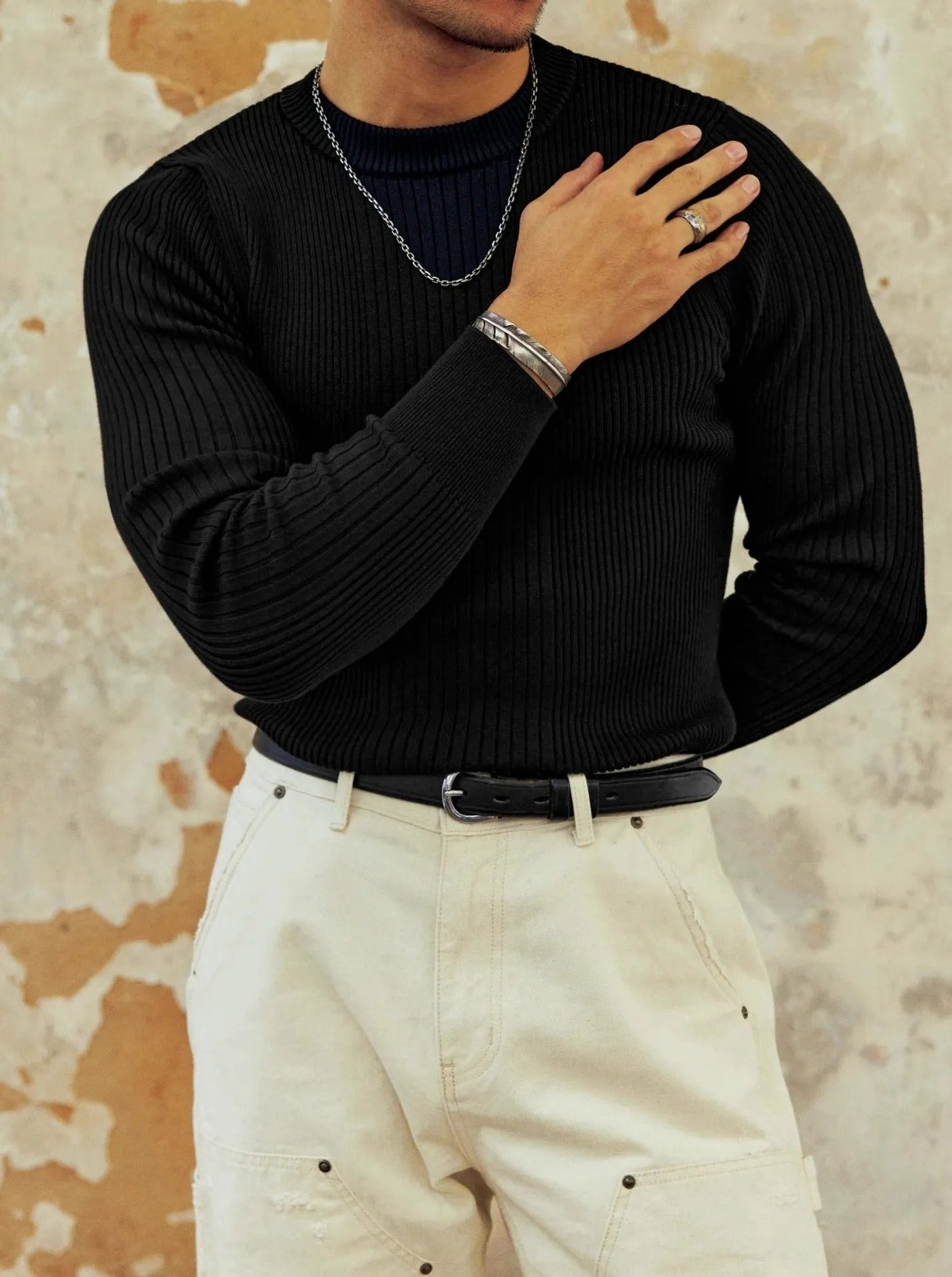 Herren Rippenpulli Slim Fit Rundhalsausschnitt - Alvaro