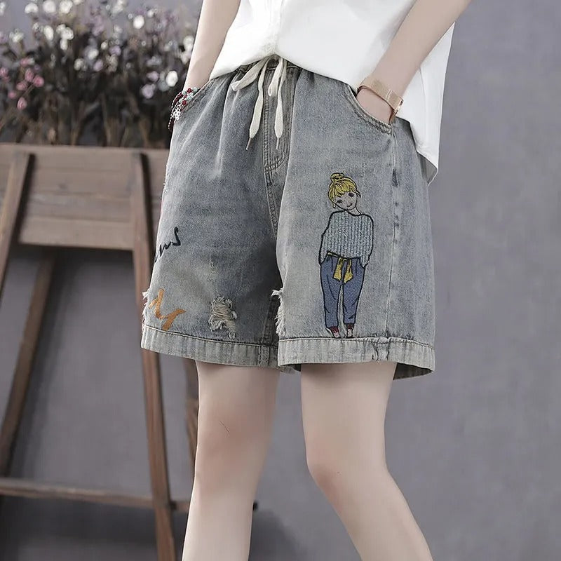 Denim-Shorts mit illustrierter Stickerei und elastischem Bund - Elaine