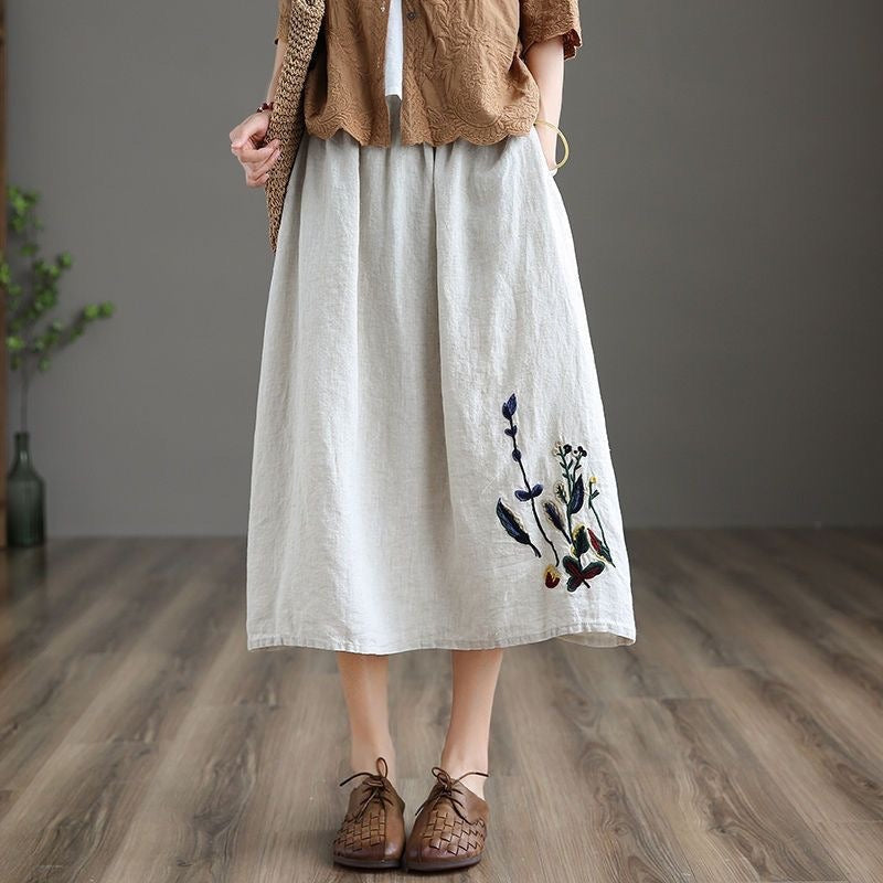 Damen Midirock mit Gummizug in der Taille und handgefertigter Blumenstickerei - Amandine