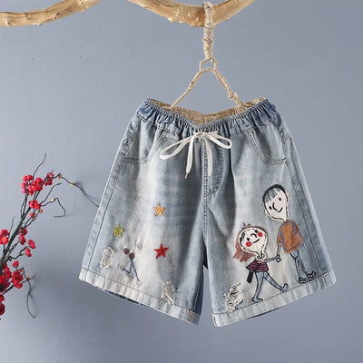 Denim-Shorts mit illustrierter Stickerei und elastischem Bund - Elaine