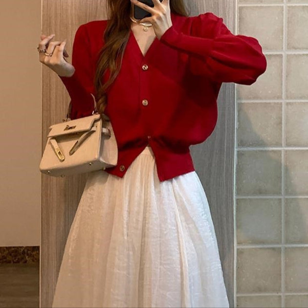 Damen Strickjacke mit V-Ausschnitt und Puffärmeln im Retrostil - Odile